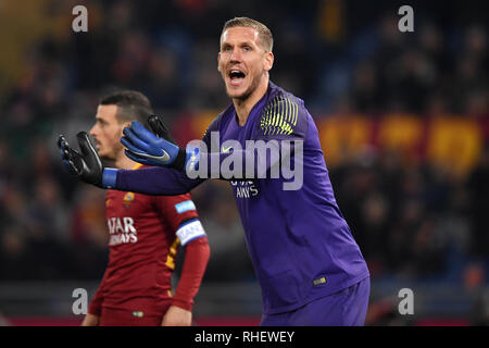 Patrick Robin Olsen come Roma reagisce durante la Serie 2018/2019 una partita di calcio tra AS Roma e FC Internazionale allo stadio Olimpico di Roma, Dece Foto Stock