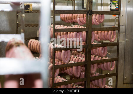 Salumi crudi in rack in stanza di deposito alla trasformazione della carne factory Foto Stock