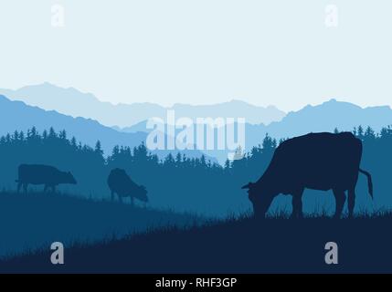 Illustrazione realistica con tre sagome di mucche al pascolo, erba e foresta, sotto il cielo blu - vettore Illustrazione Vettoriale