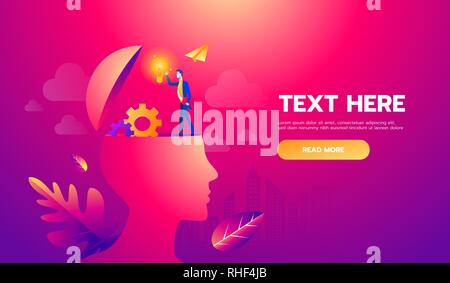 Imprenditore sulla testa con il cervello idea. Illustrazione Vettoriale Eps10 file. Testo e texture in strati separati e copia di spazio. Illustrazione Vettoriale