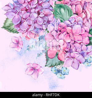 Estate Acquerello Vintage Floral biglietto di auguri con fiori che sbocciano ortensie, acquerello botanico floreale naturale illustrazione isolato sul retro di colore rosa Foto Stock