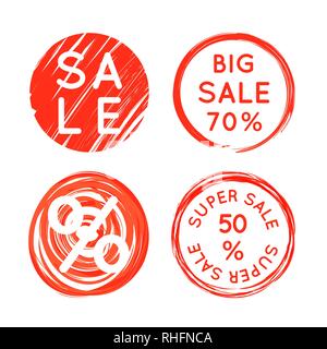 Set di colore rosso brillante rotondo Promozione vendita distintivi isolato su bianco Illustrazione Vettoriale