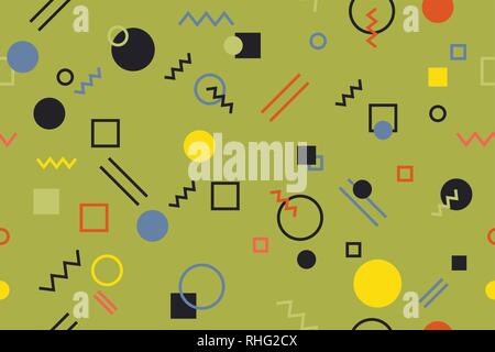 Senza cuciture, sfondo astratto modello realizzato con forme geometriche giacciono cerchi e quadrati di Memphis in stile con il grassetto e colori luminosi. Divertente e giocoso un Illustrazione Vettoriale