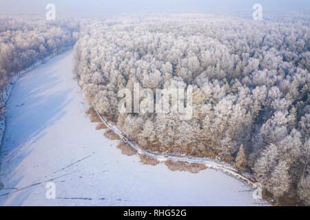 Rime e brina alberi di copertura. Vista aerea della neve-coperta di foresta e il lago dall'alto. Paesaggio invernale. Paesaggio foto catturate con drone. Foto Stock