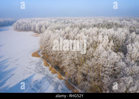 Rime e brina alberi di copertura. Vista aerea della neve-coperta di foresta e il lago dall'alto. Paesaggio invernale. Paesaggio foto catturate con drone. Foto Stock