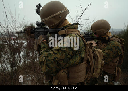 Stati Uniti Marines con scopi speciali Air-Ground Marine Task Force-Crisis Response-Africa 19.1 anticipo su un obiettivo durante un attacco di plotone su un live-Incendio campo in Baumholder, Germania, 23 gennaio, 2019. SPMAGTF-CR-AF è dispiegato per condurre una crisi-risposta e il teatro delle operazioni di sicurezza in Europa e in Africa. (U.S. Marine Corps foto di Sgt. Bethanie Ryan) Foto Stock