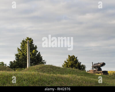 Pou whenua intagliata in legno post e rotto il cannone, tumuli e incavi rimane di fortificazione dei terrapieni, Ruapekpeka, Northland e Nuova Zelanda Foto Stock