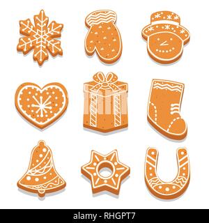 Set di decorate gingerbread cookie di forma diversa, vacanze trattare, il simbolo del fiocco di neve, mitten, snowman, cuore, illustrazione vettoriale Illustrazione Vettoriale