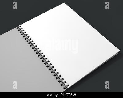 Notebook in bianco su sfondo scuro. Il rendering 3D Foto Stock