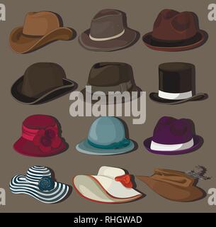 Set di vettore di un uomo e di una donna cappelli. Illustrazione vettoriale EPS, 10 Illustrazione Vettoriale
