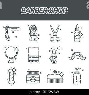 Set di vettore Barber Shop Elementi e radere Shop icone illustrazione, moderna linea sottile illustrazione Illustrazione Vettoriale