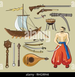 Set di vettore di oggetti cosacchi, icone ed elementi di design in stile appartamento. Uomo di cosacchi, armi, barche, tamburo. Illustrazione Vettoriale