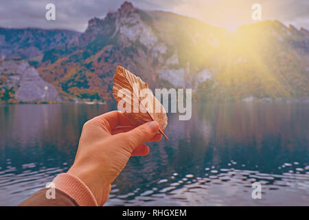 Ragazza giovane hollding sbiadito foglia pallido nella sua mano nella luce luminosa del bellissimo tramonto panoramico sole sulle alpi austriache lago. Hipster travel vacation in Foto Stock