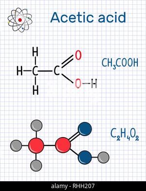 Acido acetico (etanoica molecola). Formula chimica di struttura e la molecola modello. Foglio di carta in una gabbia.illustrazione vettoriale Illustrazione Vettoriale