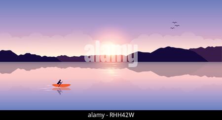 Lonely canoa avventura con barca arancione all'alba sul lago illustrazione vettoriale EPS10 Illustrazione Vettoriale