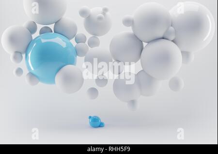 3D render con sfondo bianco e blu bolle galleggianti in aria Foto Stock