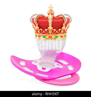 Rosa succhietto con corona d'oro. Royal baby concetto, 3D rendering isolati su sfondo bianco Foto Stock