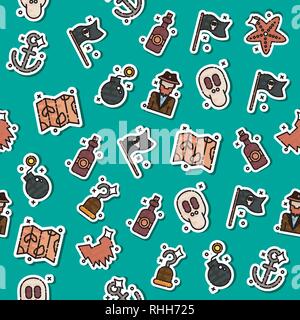 La pirateria colorati pattern. Tema dei pirati con i simboli colorati per l'uso nella progettazione, sito web, imballaggio, materiale tessile, tessuto Illustrazione Vettoriale
