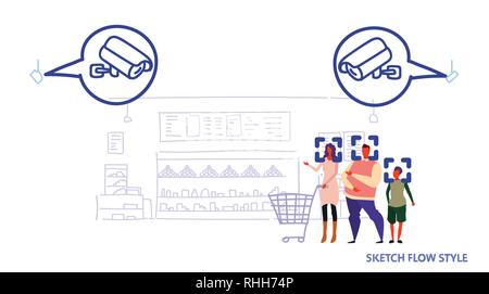 La famiglia felice azienda carrello della spesa Il carrello nel supermercato tvcc riconoscimento facciale concetto sistema della macchina fotografica di sicurezza moderno negozio di alimentari schizzo interno Illustrazione Vettoriale
