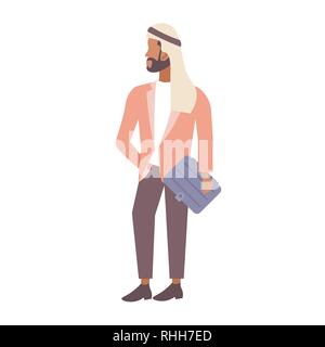 Uomo arabo azienda tablet imprenditore arabo indossando abiti tradizionali maschio personaggio dei cartoni animati a lunghezza piena isolati piatta Illustrazione Vettoriale