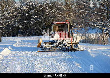 Aratro di sci in inverno nella foresta in una giornata di sole Foto Stock