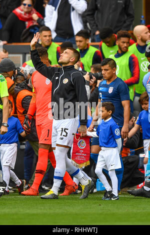 San Jose, California, Stati Uniti d'America. 2° febbraio 2019. Costa Rica defender Francisco Calvo (15) prende il campo prima amichevole internazionale partita di calcio tra Costa Rica e gli Stati Uniti a Avaya Stadium di San Jose, California. Chris Brown/CSM/Alamy Live News Foto Stock