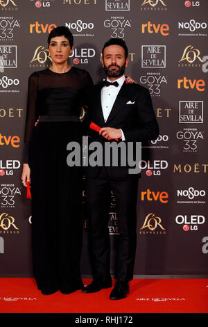 Sevilla, Spagna. 2° febbraio 2019. Isabel Peña e Rodrigo Sorogoyen assiste Goya Cinema Awards 2019 a FIBES Centro esposizioni e conferenze. Credito: SOPA Immagini limitata/Alamy Live News Foto Stock