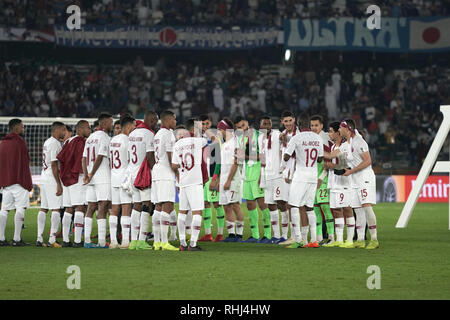 Abu Dhabi, negli Emirati Arabi Uniti. 3 febbraio 2019. Il Qatar giocatori durante l'AFC Coppa d'asia emirati arabi uniti 2019 Cerimonia di premiazione a Zayed Sport City Stadium di Abu Dhabi, Emirati Arabi Uniti, 1 febbraio 2019. Credito: Toshihiro Kitagawa/AFLO/Alamy Live News Foto Stock