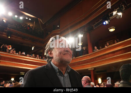 Madrid, Spagna. 3 febbraio, 2019. Pepu Hernandez, ex coach di pallacanestro e candidato indipendente per il sindaco di Madrid nella presentazione della sua candidatura per il sindaco. Credito: Gesù Hellin/ZUMA filo/Alamy Live News Foto Stock