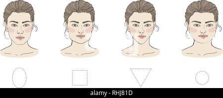 Diversi volto femminile di forme con diverse acconciature. Ci sono ovale, quadrato, rotondo, lungo, il diamante e il triangolo. Illustrazione Vettoriale. - Vettore illust Illustrazione Vettoriale