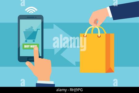 Shopping online concetto. Vettore di mano rendendo gli ordini online da smartphone o tablet e prodotti che vengono consegnati Illustrazione Vettoriale