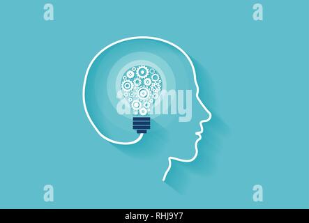 L'intelligenza umana concetto. Vettore di una testa umana con idea lampadina luce interna fatta di meccanismi a ingranaggi Illustrazione Vettoriale