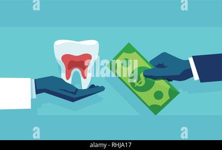 Il trattamento dentale e concetto di pagamento. Vettore di un medico mano con dente sano e paziente dando denaro. Illustrazione Vettoriale