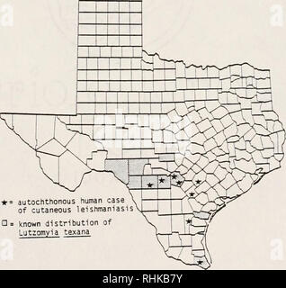 . La biologia e la colonizzazione della sabbia volare Lutzomyia diabolica (Hall) (Diptera: Psychodidae) con note sulla sua relazione di potenziale umano leishmaniosi cutanea in Texas, Stati Uniti d'America. Psychodidae; la leishmaniosi cutanea; insetti come vettori della malattia; gli insetti. * = autochonous caso umano della leishmaniosi cutanea Q= note di distribuzione Lutzomyia anthophora Figura 2-30. Note di distribuzione geografica della sabbia volare Lutzomyia anthophora in Texas.. • = autoctoni caso umano della leishmaniosi cutanea CI = distribuzione nota di Lutzomyia texana Figura 2-31. Note di distribuzione geografica Foto Stock