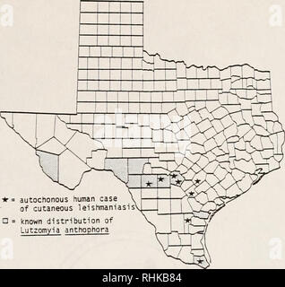 . La biologia e la colonizzazione della sabbia volare Lutzomyia diabolica (Hall) (Diptera: Psychodidae) con note sulla sua relazione di potenziale umano leishmaniosi cutanea in Texas, Stati Uniti d'America. Psychodidae; la leishmaniosi cutanea; insetti come vettori della malattia; gli insetti. -80-. * = autochonous caso umano della leishmaniosi cutanea Q= note di distribuzione Lutzomyia anthophora Figura 2-30. Note di distribuzione geografica della sabbia volare Lutzomyia anthophora in Texas.. Si prega di notare che queste immagini vengono estratte dalla pagina sottoposta a scansione di immagini che possono essere state migliorate digitalmente per la leggibilità - colorazione e Foto Stock