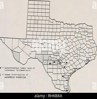. La biologia e la colonizzazione della sabbia volare Lutzomyia diabolica (Hall) (Diptera: Psychodidae) con note sulla sua relazione di potenziale umano leishmaniosi cutanea in Texas, Stati Uniti d'America. Psychodidae; la leishmaniosi cutanea; insetti come vettori della malattia; gli insetti. Â 73-. ir - autoctoni caso umano della leishmaniosi cutanea Gi3 = distribuzione nota di Lutzomvia diabolica Figura 2-29. Note di distribuzione geografica della sabbia volare Lutzomyia diabolica in Texas.. Si prega di notare che queste immagini vengono estratte dalla pagina sottoposta a scansione di immagini che possono essere state migliorate digitalmente per la leggibilità - coloratio Foto Stock