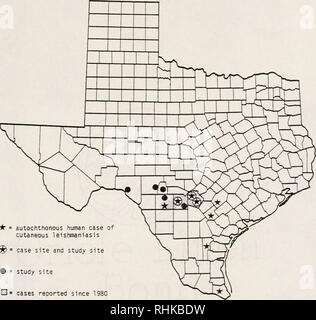 . La biologia e la colonizzazione della sabbia volare Lutzomyia diabolica (Hall) (Diptera: Psychodidae) con note sulla sua relazione di potenziale umano leishmaniosi cutanea in Texas, Stati Uniti d'America. Psychodidae; la leishmaniosi cutanea; insetti come vettori della malattia; gli insetti. -28-. Se = autoctoni caso umano della leishmaniosi cutanea Â®s caso sito e sito di studio â ¢ * studio sito â¡ â casi segnalati dal 1980 figura 2-1. Distribuzione di autoctoni casi umani di leishmaniosi cutanea in Texas e le posizioni dei siti di studio. Si prega di notare che queste immagini vengono estratte dalla pagina sottoposta a scansione le immagini che potrebbero Foto Stock