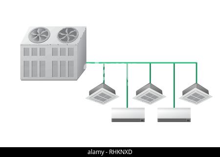 Chiller con cassetta a soffitto e parete unità interne. Raffreddamento ad aria. Illustrazione Vettoriale. Illustrazione Vettoriale