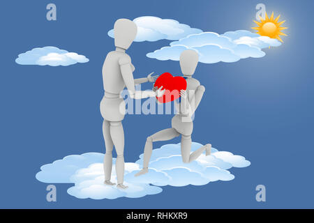 3D'illustrazione. Dichiarazione di amore in Cielo tra le nuvole. Il mio ragazzo offre il cuore il giorno di San Valentino. Foto Stock