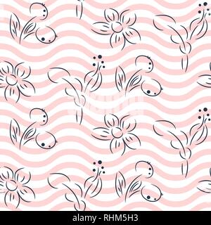 Semplice disegnato a mano modello di fiori rosa e linee ondulate disegno vettoriale. Illustrazione Vettoriale