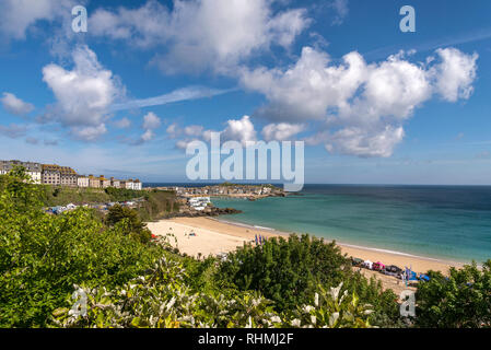 Guardando verso St. Ives harbour sopra gli alberi al di sopra di Porthminster beach St. Ives Cornwall Regno Unito Europa Foto Stock