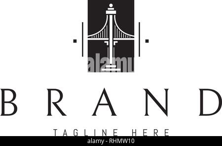 Vettore di logo che è un immagine astratta della silhouette di un ponte di sospensione. Illustrazione Vettoriale