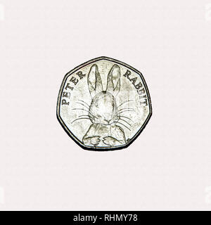 Edizione limitata British 50p pezzo medaglia commemorativa Beatrix Potter personaggio Peter Rabbit Foto Stock