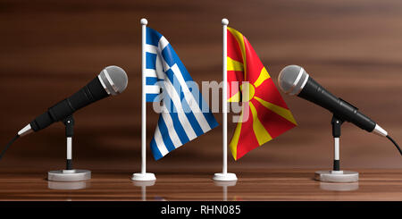 La Grecia e il nord di Macedonia relazioni. Bandiere in miniatura su sfondo di legno. 3d illustrazione Foto Stock