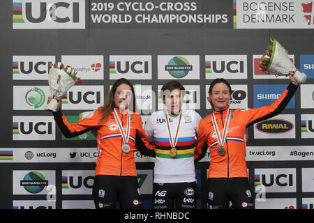 02-02-2019: WK wielrennen: Veldrijden: Bogense: Sanne Cant wint voor de derde keer op rij de wereldtitel voor Lucinda Brand en Marianne Vos Credit: arancione foto vof/Alamy Live News Foto Stock