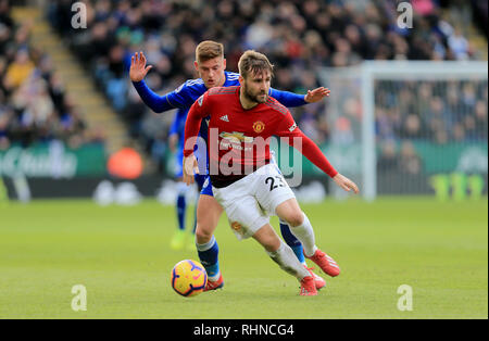 Leicester, Regno Unito. 03Feb, 2019. Solo uso editoriale, è richiesta una licenza per uso commerciale. Nessun uso in scommesse, giochi o un singolo giocatore/club/league pubblicazioni.Luca Shaw del Manchester United durante il match di Premier League tra Il Leicester City e il Manchester United al King Power Stadium il 3 febbraio 2019 a Leicester, Inghilterra. (Foto di Leila Coker/phcimages.com) Credit: Immagini di PHC/Alamy Live News Foto Stock