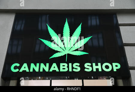 Cracovia in Polonia. 2° febbraio 2019. Dr Ziolko Cannabis Shop è un legalmente archivio operativo nel centro di Cracovia, che le vendite di prodotti di canapa inclusi cosmetici, fiori di canapa e marijuana. Credito: Damian Klamka SOPA/images/ZUMA filo/Alamy Live News Foto Stock