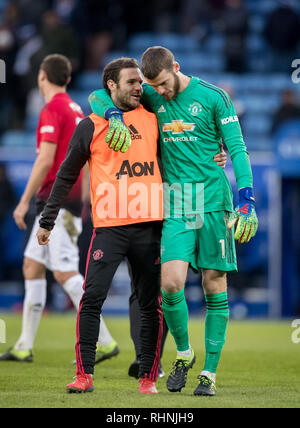 Leicester, Regno Unito. 03Feb, 2019. Il portiere David De Gea del Man Utd con Juan Mata del Man Utd a Fulham tempo durante il match di Premier League tra Il Leicester City e il Manchester United al King Power Stadium, Leicester, in Inghilterra il 3 febbraio 2019. Foto di Andy Rowland. Credito: Andrew Rowland/Alamy Live News Foto Stock