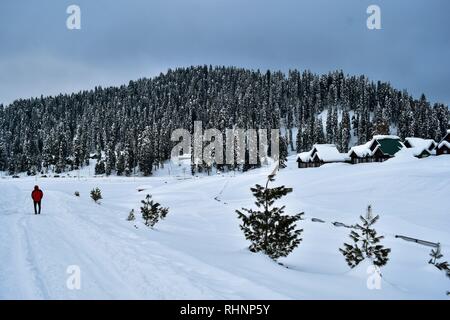 Un visitatore vede a piedi attraverso una coperta di neve road presso una famosa stazione sciistica in Gulmarg, a circa 55km da Srinagar, Indiano Kashmir amministrato. Gulmarg, situato ai piedi dell'Himalaya a 2.745 metri (9.000 piedi) sopra il livello del mare, è considerata come una delle migliori destinazioni sciistiche in Asia del Sud. Foto Stock