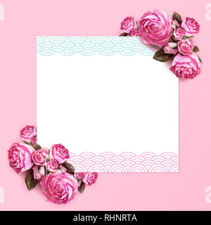 Layout creativi composizione isolata del telaio dei fiori di peonie e di un foglio di carta bianco su uno sfondo rosa. Modello, bella texture Foto Stock